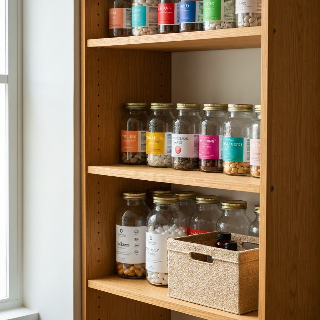 Offenes Regal mit organisierten Supplement-Gläsern, Etiketten und Lagerkisten