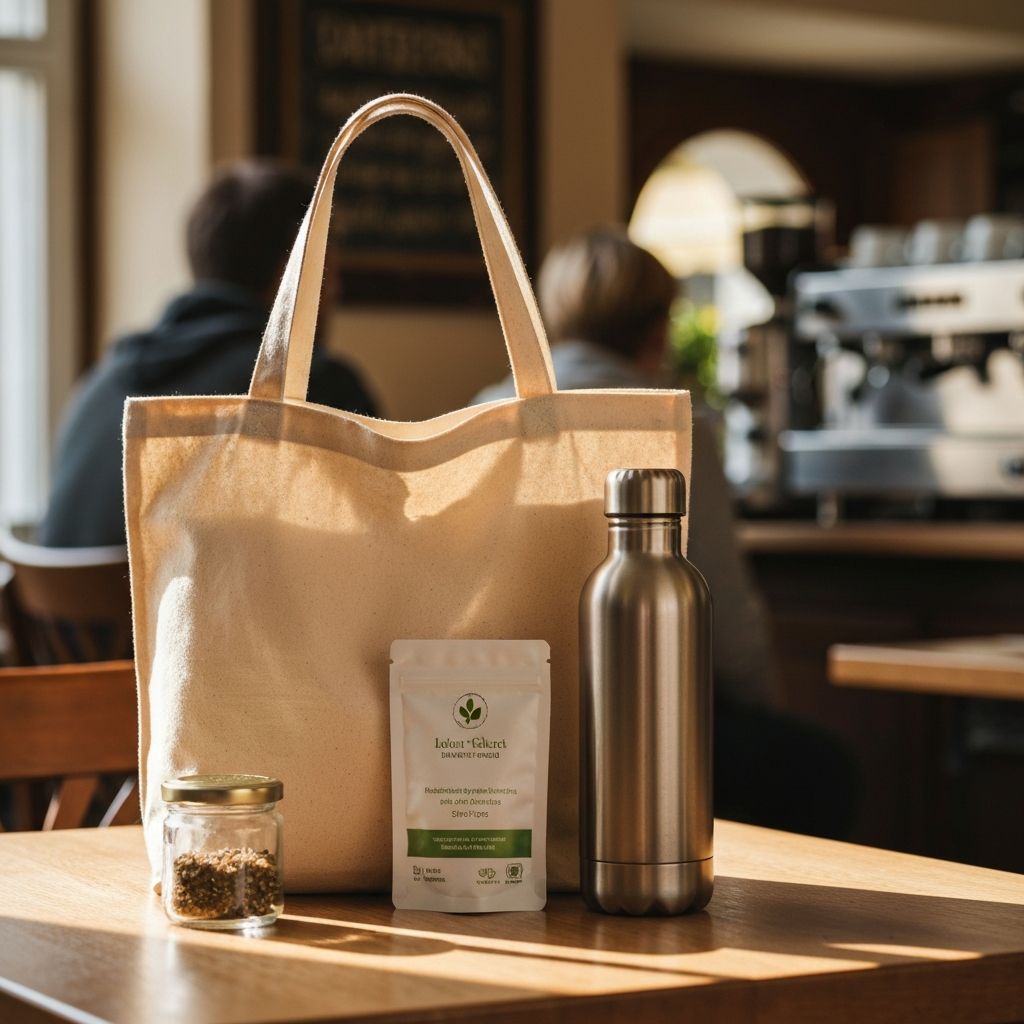 Beige Umhängetasche mit kompaktem Supplement-Set und Wasserflasche auf Café-Tisch