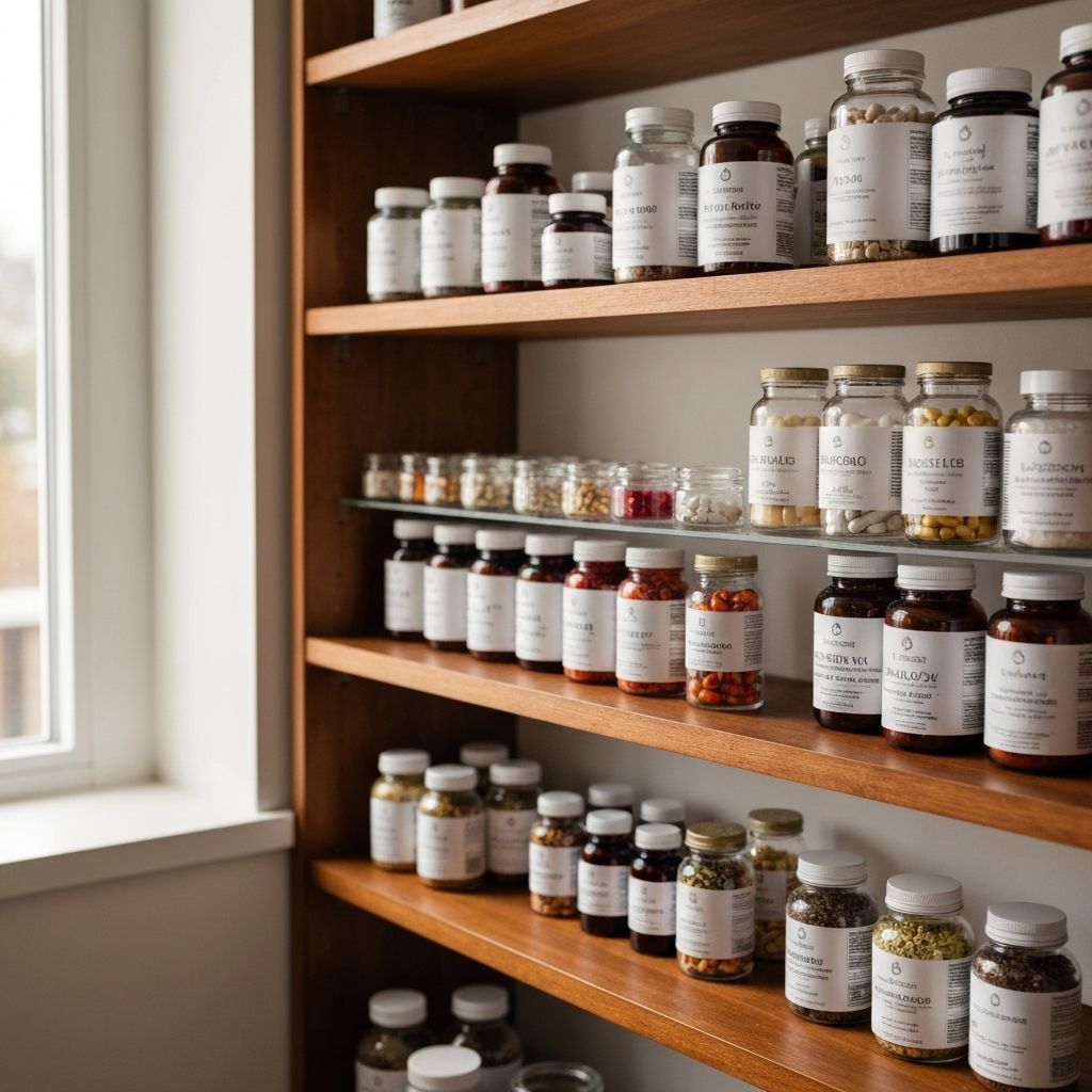 Ordentliches Regal mit vielfältigen Supplement-Gläsern, Kapseln, Pulvern und Kräutern in Glaskontainern