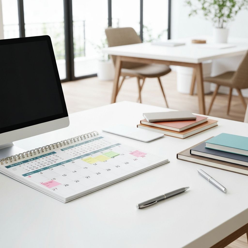 Wochenplaner mit Supplement-Organizer auf ordentlichem Schreibtisch in Coworking-Umgebung